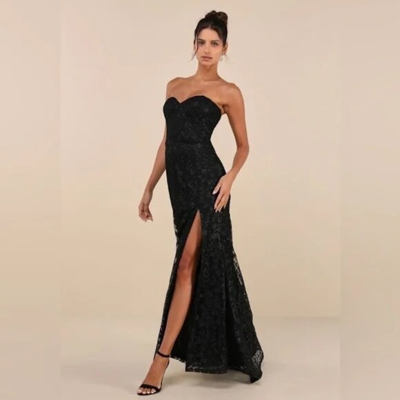 Lulus Dresses & Skirts - Lulus NEW Romantic Beauty Black Floral Embroidered Strapless Maxi Dress Size XL